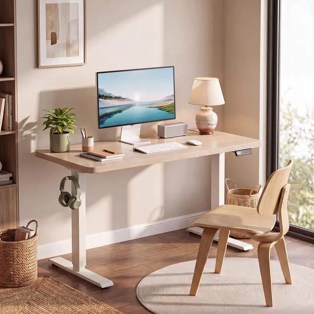 Alt view image 2 of 7 - Hmimi 48'' ×24'' Height Adjustable Electric Standing Desk | Lockable Wheels, 4 Memory Presets, 2 Cable Holes, 2 Hooks, Anti-Collision System, Alloy Steel Frame, Oak