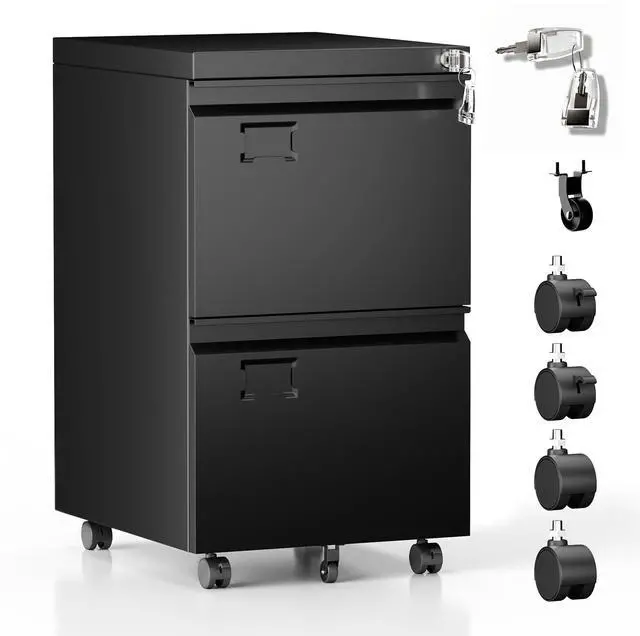 Main image of 2 Drawer Rolling Metal File Cabinet with Lock, 5 Wheels, Black | Compact under-desk file cabinet for letter and legal files; 5-wheel rolling mobility, lockable storage, assembly required