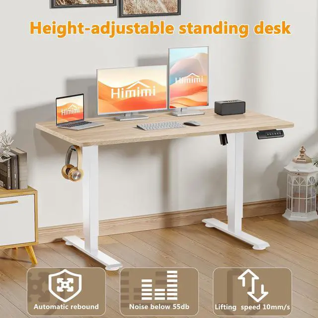Alt view image 5 of 7 - Hmimi 48'' ×24'' Height Adjustable Electric Standing Desk | Lockable Wheels, 4 Memory Presets, 2 Cable Holes, 2 Hooks, Anti-Collision System, Alloy Steel Frame, Oak