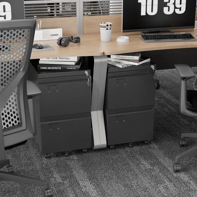 Alt view image 2 of 6 - 2 Drawer Rolling Metal File Cabinet with Lock, 5 Wheels, Black | Compact under-desk file cabinet for letter and legal files; 5-wheel rolling mobility, lockable storage, assembly required