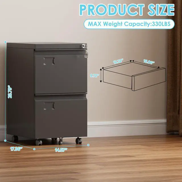 Alt view image 3 of 6 - 2 Drawer Rolling Metal File Cabinet with Lock, 5 Wheels, Black | Compact under-desk file cabinet for letter and legal files; 5-wheel rolling mobility, lockable storage, assembly required