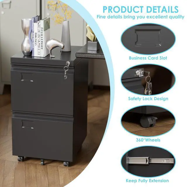 Alt view image 4 of 6 - 2 Drawer Rolling Metal File Cabinet with Lock, 5 Wheels, Black | Compact under-desk file cabinet for letter and legal files; 5-wheel rolling mobility, lockable storage, assembly required