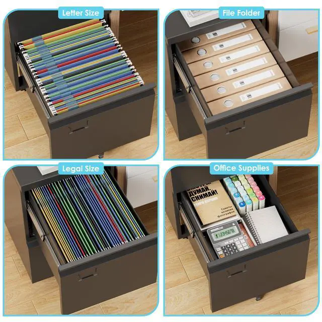 Alt view image 5 of 6 - 2 Drawer Rolling Metal File Cabinet with Lock, 5 Wheels, Black | Compact under-desk file cabinet for letter and legal files; 5-wheel rolling mobility, lockable storage, assembly required