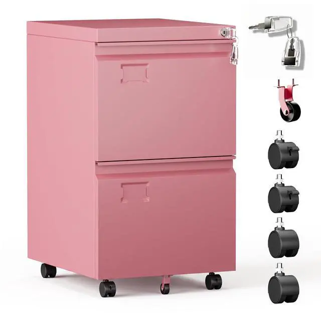 Main image of Pink 2 Drawer Metal File Cabinet with Lock and 5 Wheels | Rolling under-desk cabinet for Letter and Legal files; 5 casters, lock, steel construction, and required assembly