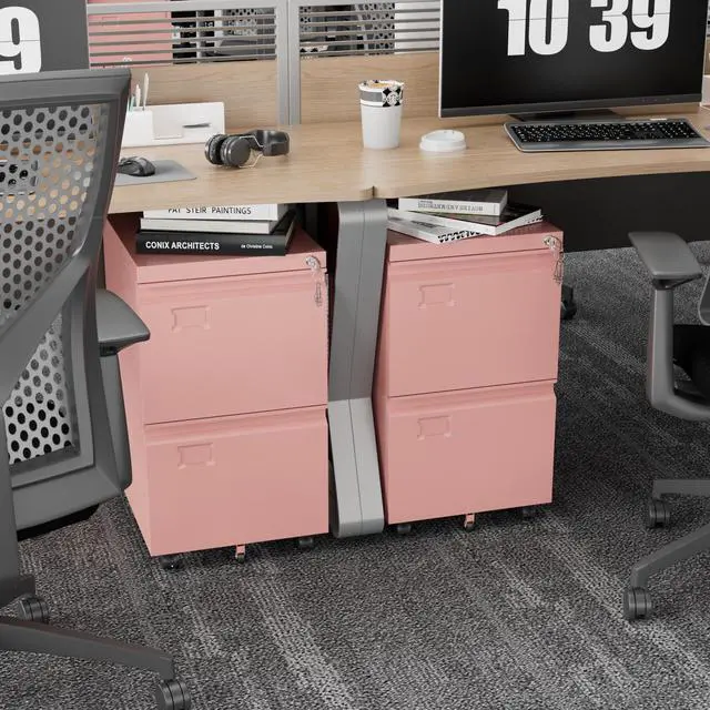 Alt view image 2 of 6 - Pink 2 Drawer Metal File Cabinet with Lock and 5 Wheels | Rolling under-desk cabinet for Letter and Legal files; 5 casters, lock, steel construction, and required assembly