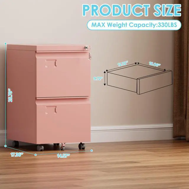 Alt view image 3 of 6 - Pink 2 Drawer Metal File Cabinet with Lock and 5 Wheels | Rolling under-desk cabinet for Letter and Legal files; 5 casters, lock, steel construction, and required assembly