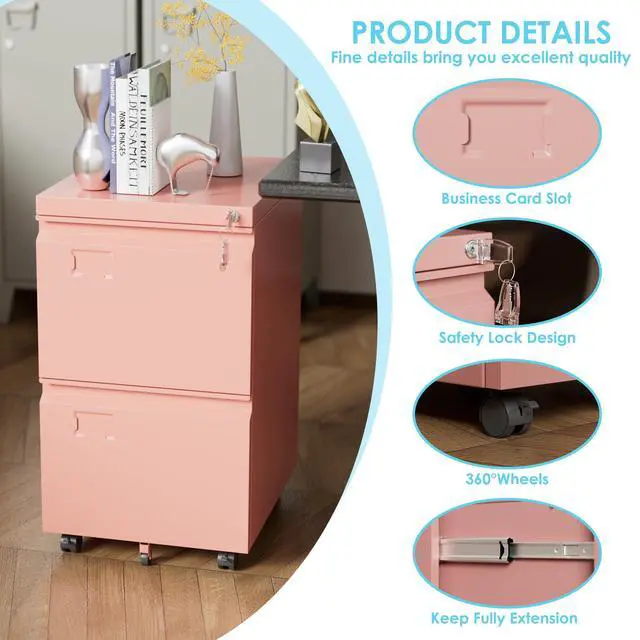 Alt view image 4 of 6 - Pink 2 Drawer Metal File Cabinet with Lock and 5 Wheels | Rolling under-desk cabinet for Letter and Legal files; 5 casters, lock, steel construction, and required assembly