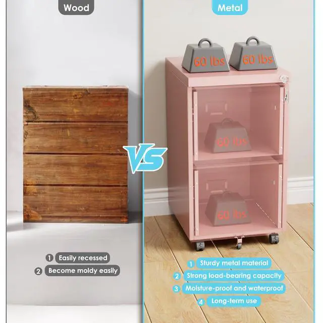 Alt view image 6 of 6 - Pink 2 Drawer Metal File Cabinet with Lock and 5 Wheels | Rolling under-desk cabinet for Letter and Legal files; 5 casters, lock, steel construction, and required assembly