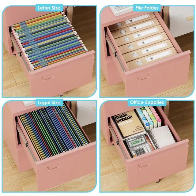 Alt view image 5 of 6 - Pink 2 Drawer Metal File Cabinet with Lock and 5 Wheels | Rolling under-desk cabinet for Letter and Legal files; 5 casters, lock, steel construction, and required assembly