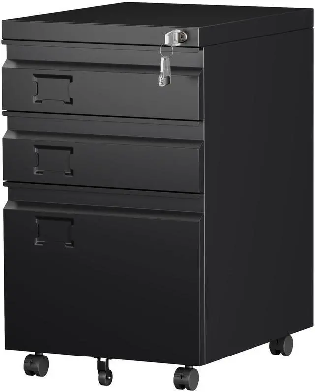 Main image of 3-Drawer Metal File Cabinet with Lock, Assembly Required | Black mobile under-desk cabinet with five casters for Letter, Legal and A4 hanging folders
