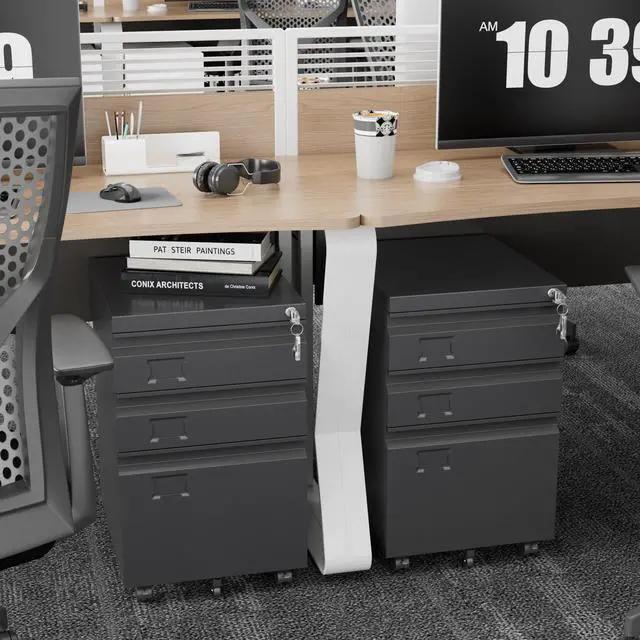 Alt view image 2 of 7 - 3-Drawer Metal File Cabinet with Lock, Assembly Required | Black mobile under-desk cabinet with five casters for Letter, Legal and A4 hanging folders