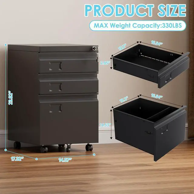 Alt view image 3 of 7 - 3 Drawer Metal File Cabinet with Lock and 5 Wheels, Black | For letter and legal files under desks; rolling office storage with assembly required