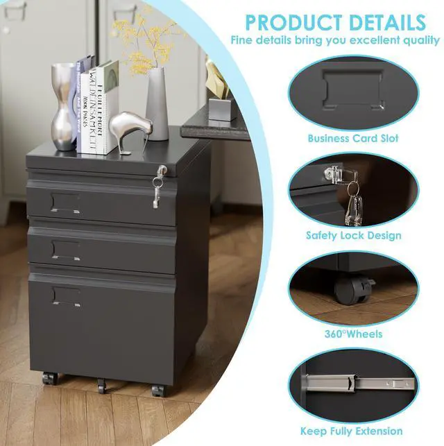 Alt view image 4 of 7 - 3 Drawer Metal File Cabinet with Lock and 5 Wheels, Black | For letter and legal files under desks; rolling office storage with assembly required