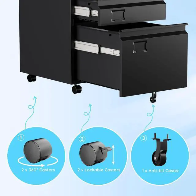 Alt view image 7 of 7 - 3 Drawer Metal File Cabinet with Lock and 5 Wheels, Black | For letter and legal files under desks; rolling office storage with assembly required