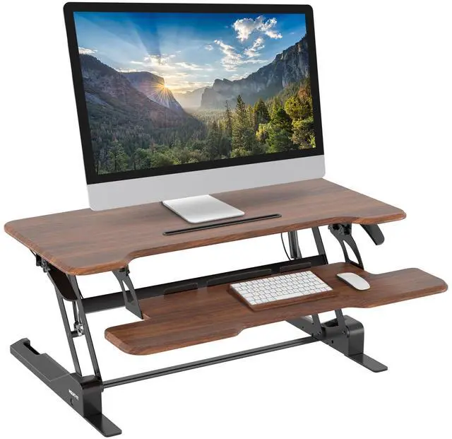 Main image of Large 38 Inch Standing Desk Converter, Sit Stand Desk Riser for Dual Monitors with Keyboard Tray, Height Adjustable Desktop Workstation, Easy Lift Gas Spring, Rustic Walnut Brown