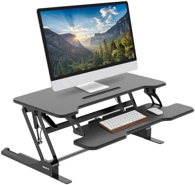 Main image of 38 Inch Standing Desk Converter - Gas Spring Sit Stand Desk Riser for Dual Monitors - Height Adjustable Desktop Workstation with Keyboard Tray - Black