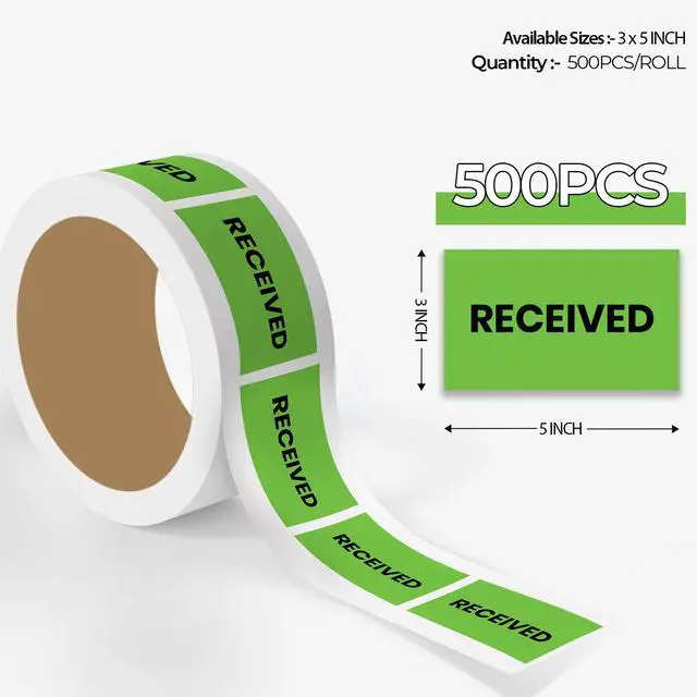 Alt view image 2 of 6 - Received Warehouse Receiving Labels 3"x5" Rectangle Labels 500 Qty/Roll Paper, Easy Peel and Stick, Strong Adhesive, No Residue, Made in USA