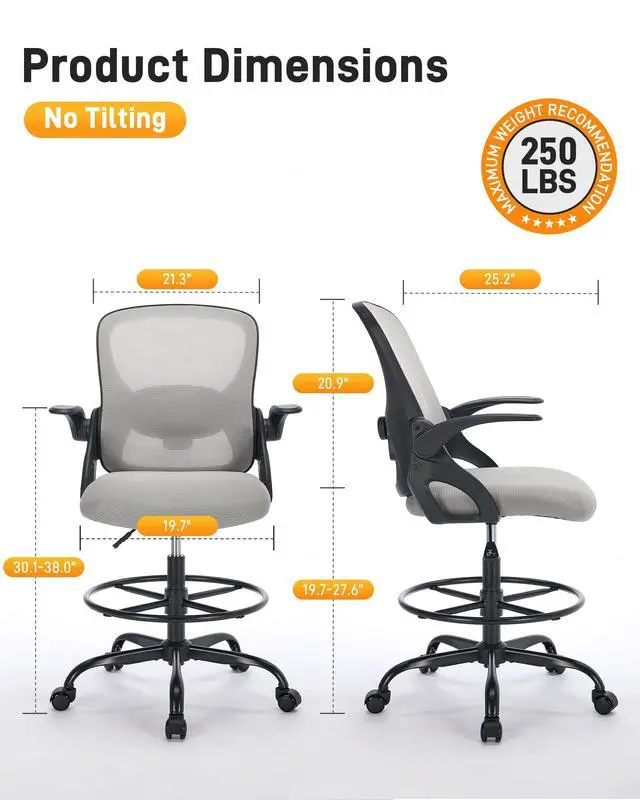 Alt view image 2 of 7 - Drafting Chair with Arms, Tall Office Chair for Standing Desks | Ergonomic lumbar pad, breathable mesh and foot ring support forward-leaning posture for sewing, crafts and daily studio work