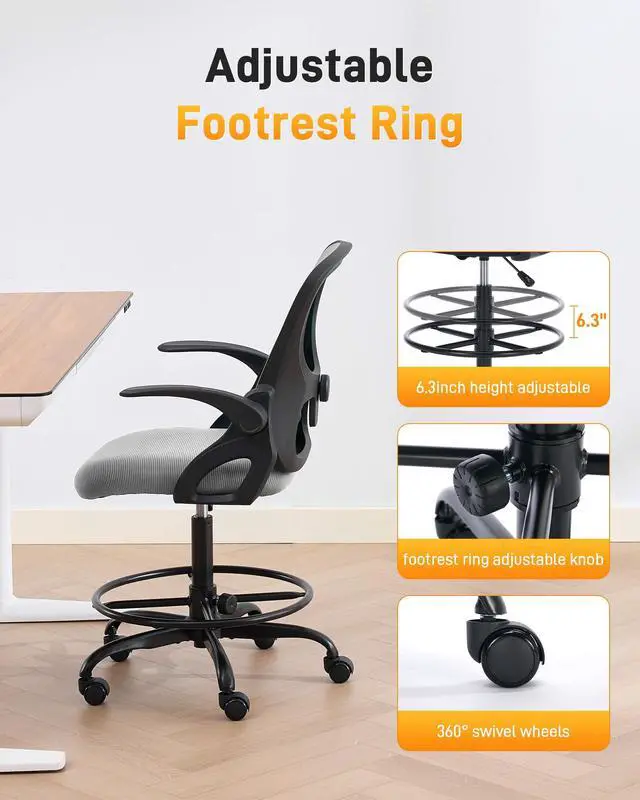 Alt view image 6 of 7 - Drafting Chair with Arms, Tall Office Chair for Standing Desks | Ergonomic lumbar pad, breathable mesh and foot ring support forward-leaning posture for sewing, crafts and daily studio work