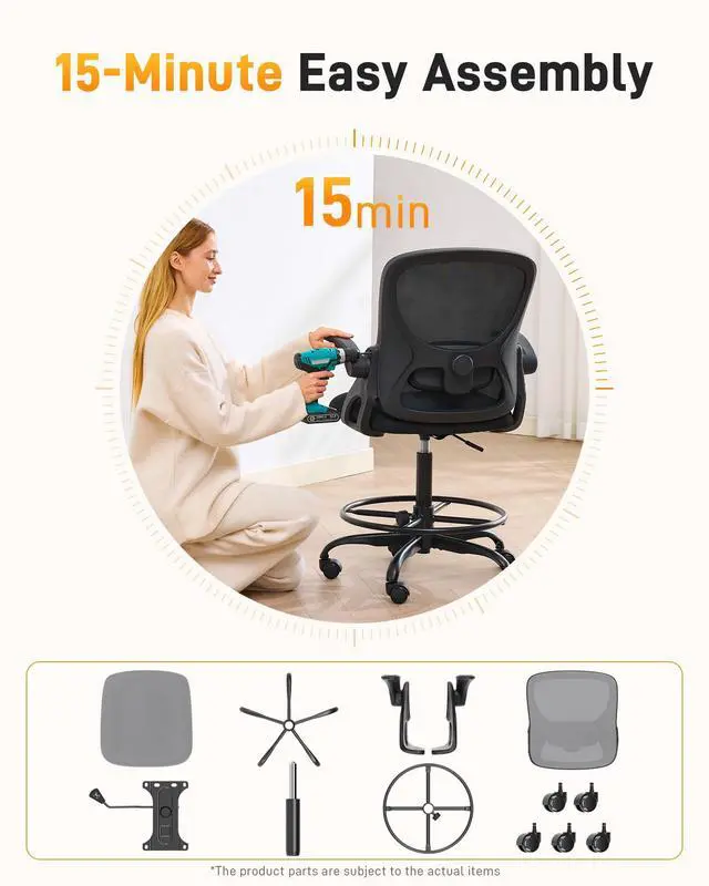 Alt view image 7 of 7 - Drafting Chair with Arms, Tall Office Chair for Standing Desks | Ergonomic lumbar pad, breathable mesh and foot ring support forward-leaning posture for sewing, crafts and daily studio work