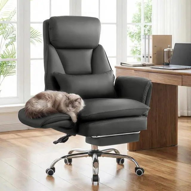 Main image of Big and Tall Office Chair, Executive Reclining Computer Gaming Chair with Foot Rest, Flip Armrest & Lumbar Pillow, Thicken Wider Seat for Criss Cross Legged Sitting, Desk Chair, PU, Grey