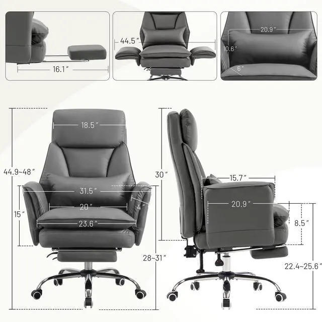 Alt view image 2 of 7 - Big and Tall Office Chair, Executive Reclining Computer Gaming Chair with Foot Rest, Flip Armrest & Lumbar Pillow, Thicken Wider Seat for Criss Cross Legged Sitting, Desk Chair, PU, Grey