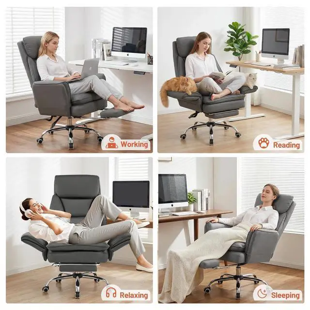 Alt view image 3 of 7 - Big and Tall Office Chair, Executive Reclining Computer Gaming Chair with Foot Rest, Flip Armrest & Lumbar Pillow, Thicken Wider Seat for Criss Cross Legged Sitting, Desk Chair, PU, Grey