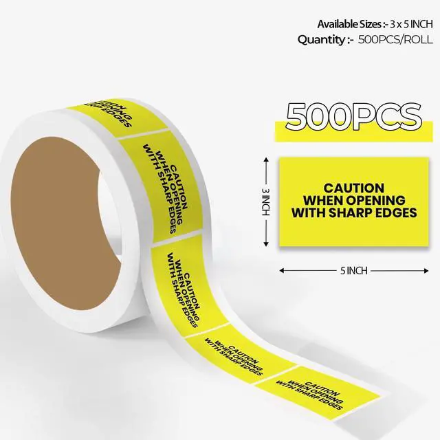 Alt view image 2 of 6 - Caution When Opening with Sharp Edges Warehouse Receiving Labels 3"x5" Rectangle Labels 500 Qty/Roll Paper, Easy Peel and Stick, Strong Adhesive, No Residue, Made in USA
