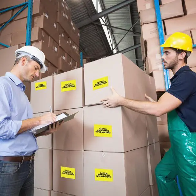Alt view image 3 of 6 - Caution When Opening with Sharp Edges Warehouse Receiving Labels 3"x5" Rectangle Labels 500 Qty/Roll Paper, Easy Peel and Stick, Strong Adhesive, No Residue, Made in USA