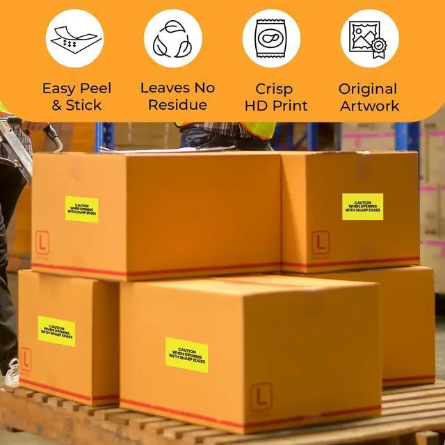 Alt view image 4 of 6 - Caution When Opening with Sharp Edges Warehouse Receiving Labels 3"x5" Rectangle Labels 500 Qty/Roll Paper, Easy Peel and Stick, Strong Adhesive, No Residue, Made in USA