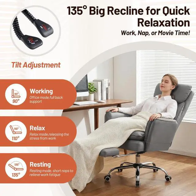 Alt view image 4 of 7 - Big and Tall Office Chair, Executive Reclining Computer Gaming Chair with Foot Rest, Flip Armrest & Lumbar Pillow, Thicken Wider Seat for Criss Cross Legged Sitting, Desk Chair, PU, Grey