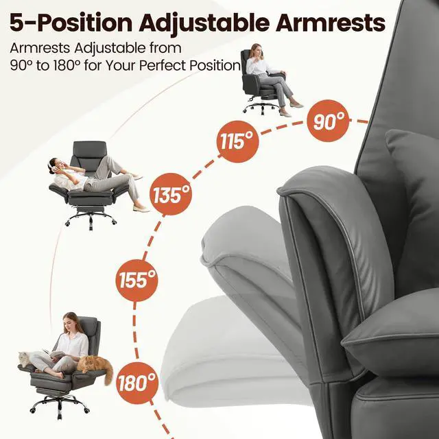 Alt view image 5 of 7 - Big and Tall Office Chair, Executive Reclining Computer Gaming Chair with Foot Rest, Flip Armrest & Lumbar Pillow, Thicken Wider Seat for Criss Cross Legged Sitting, Desk Chair, PU, Grey