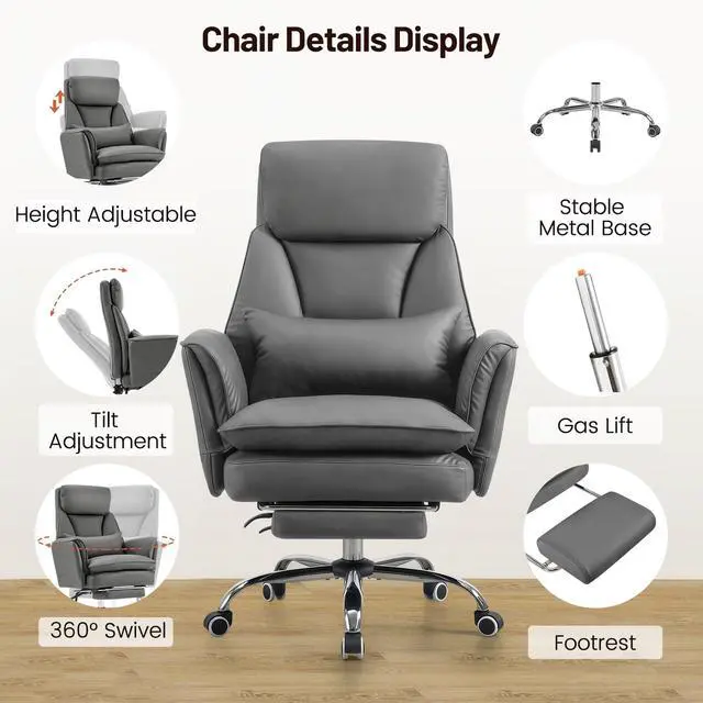 Alt view image 6 of 7 - Big and Tall Office Chair, Executive Reclining Computer Gaming Chair with Foot Rest, Flip Armrest & Lumbar Pillow, Thicken Wider Seat for Criss Cross Legged Sitting, Desk Chair, PU, Grey