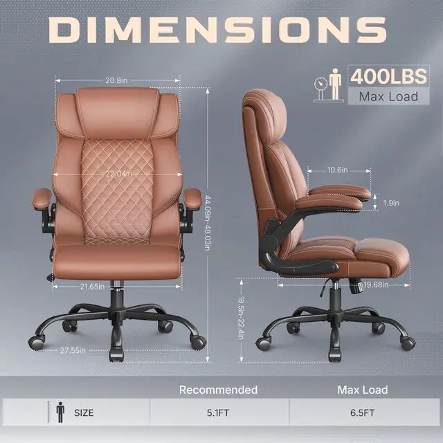 Alt view image 2 of 6 - Office Chair-Executive High Back Breathable Big and Tall Office Chair Flip-up Armrests Lumbar Support-Ergonomic Leather Rolling Swivel Chair with Rock Function for Working Studying Gaming,Brown