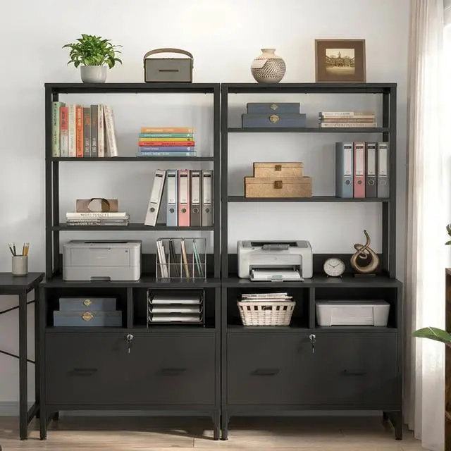 Main image of Vertical File Cabinet with Shelves and Charging Station, 2 Pack | Filing Cabinet Bookshelf with Lock & Large Drawer, Printer Stand with Office Storage Cabinet, Black