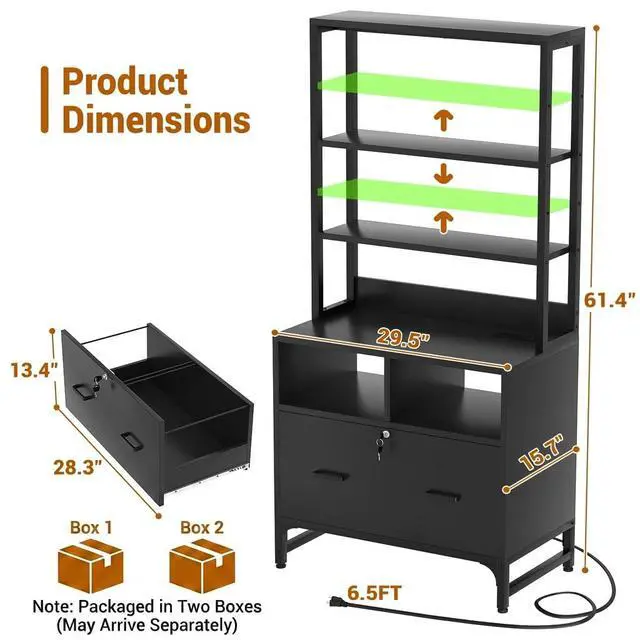 Alt view image 2 of 7 - Vertical File Cabinet with Shelves and Charging Station, 2 Pack | Filing Cabinet Bookshelf with Lock & Large Drawer, Printer Stand with Office Storage Cabinet, Black