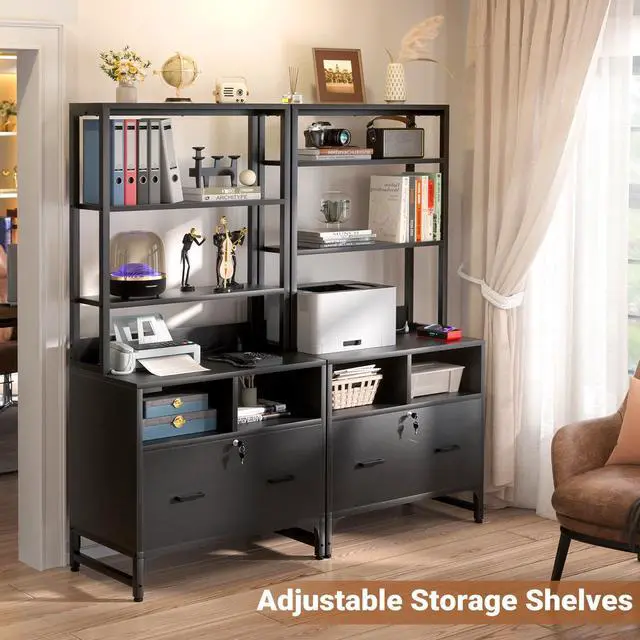 Alt view image 5 of 7 - File Cabinet with Charging Station, Vertical Filing Cabinet, Black | with Lock & Large Drawer, Printer Stand with Storage Shelves, Office Storage Cabinet fits Letter/A4/Legal Size