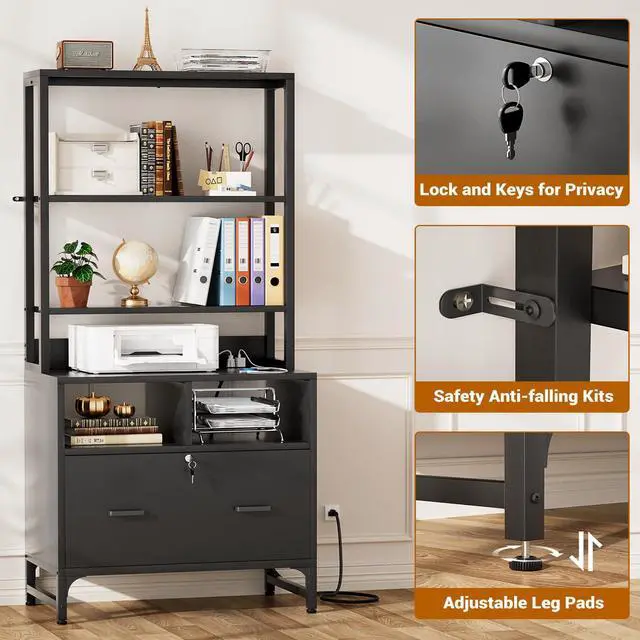 Alt view image 7 of 7 - File Cabinet with Charging Station, Vertical Filing Cabinet, Black | with Lock & Large Drawer, Printer Stand with Storage Shelves, Office Storage Cabinet fits Letter/A4/Legal Size