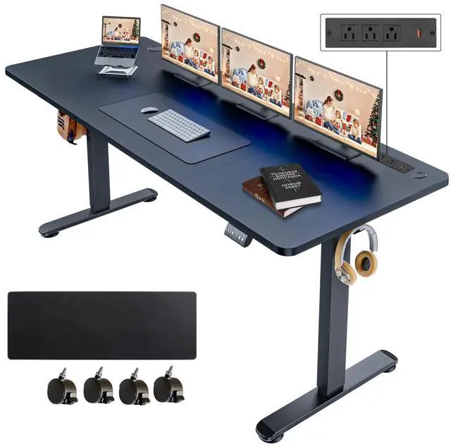 Main image of Electric Standing Desk with Power Outlets and USB-C Port, 70 x 27 Inches Adjustable Height Sit Stand Up Desk for Home Office, Adjustable Desk with Memory Preset and Wheels, Black