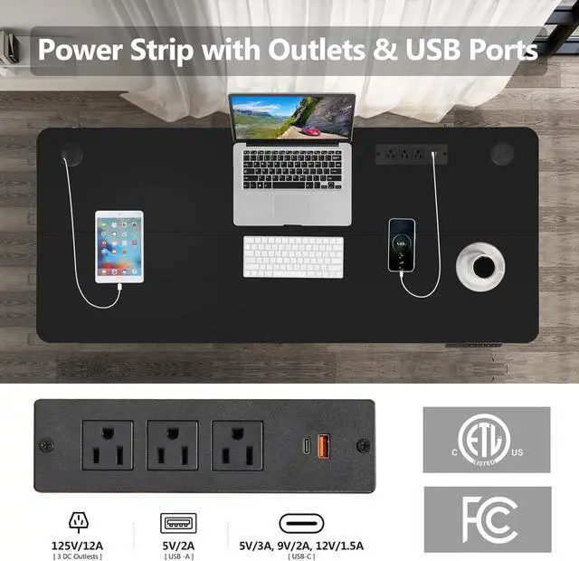 Alt view image 4 of 7 - Electric Standing Desk with Power Outlets and USB-C Port, 70 x 27 Inches Adjustable Height Sit Stand Up Desk for Home Office, Adjustable Desk with Memory Preset and Wheels, Black