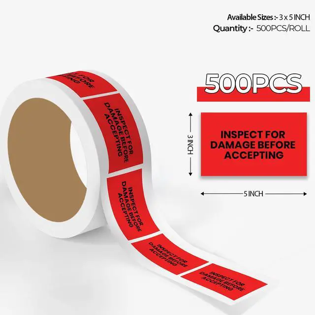 Alt view image 2 of 6 - Inspect for Damage Before Accepting Warehouse Receiving Labels 3"x5" Rectangle Labels 500 Qty/Roll Paper, Easy Peel and Stick, Strong Adhesive, No Residue, Made in USA