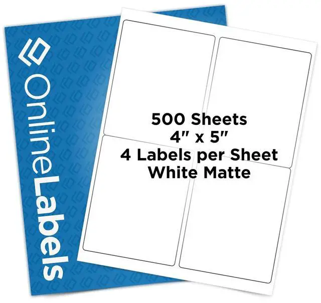 Main image of OnlineLabels 4" x 5" Labels - White Matte - Inkjet/Laser - 500 Sheets | Permanent Adhesive, Blank Rectangle Labels, Inkjet & Laser Compatible, Ideal for Shipping, Wine, & Product Labels