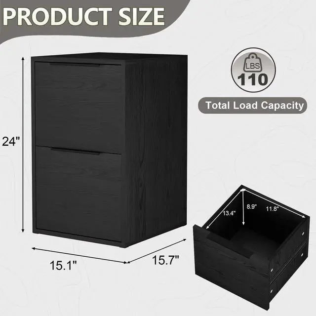 Alt view image 3 of 7 - Two Drawer File Cabinet, Black Wood Filing Cabinets for Letter Size/Hanging Files, Small Under Desk File Cabinets for Home Office, Assembly Required