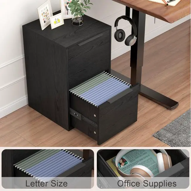 Alt view image 4 of 7 - Two Drawer File Cabinet, Black Wood Filing Cabinets for Letter Size/Hanging Files, Small Under Desk File Cabinets for Home Office, Assembly Required