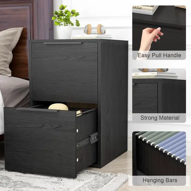 Alt view image 5 of 7 - Two Drawer File Cabinet, Black Wood Filing Cabinets for Letter Size/Hanging Files, Small Under Desk File Cabinets for Home Office, Assembly Required