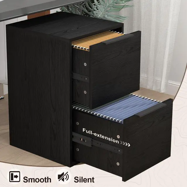 Alt view image 6 of 7 - Two Drawer File Cabinet, Black Wood Filing Cabinets for Letter Size/Hanging Files, Small Under Desk File Cabinets for Home Office, Assembly Required