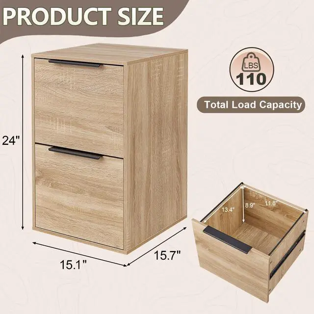 Alt view image 3 of 7 - 2 Drawer File Cabinet, Wood Filing Cabinet for Letter Size Filings, Under Desk Small Filing Cabinets for Home Office, Oak