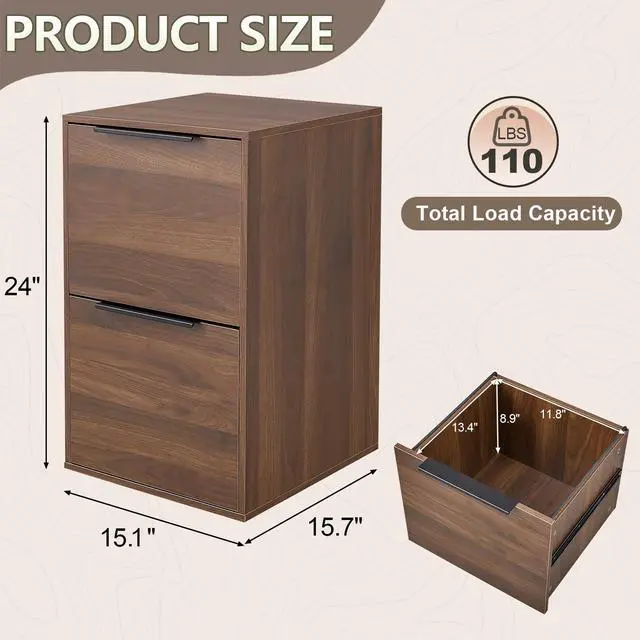 Alt view image 3 of 7 - 2 Drawer File Cabinets, Wood File Cabinet with Hanging Bar for Letter Size, Modern Farmhouse Under Desk Drawer, Printer Stand Small Filing Cabinets for Home Office, Dark Walnut