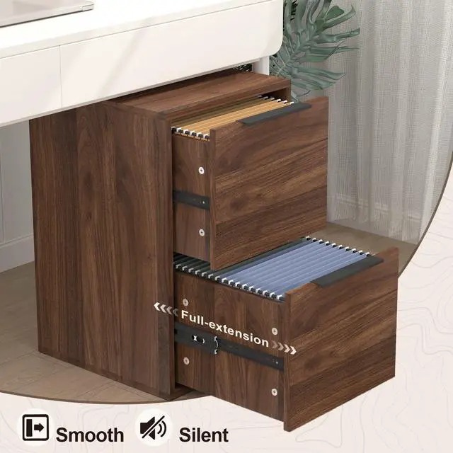 Alt view image 4 of 7 - 2 Drawer File Cabinets, Wood File Cabinet with Hanging Bar for Letter Size, Modern Farmhouse Under Desk Drawer, Printer Stand Small Filing Cabinets for Home Office, Dark Walnut