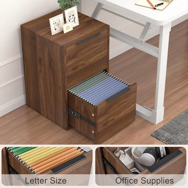 Alt view image 5 of 7 - 2 Drawer File Cabinets, Wood File Cabinet with Hanging Bar for Letter Size, Modern Farmhouse Under Desk Drawer, Printer Stand Small Filing Cabinets for Home Office, Dark Walnut